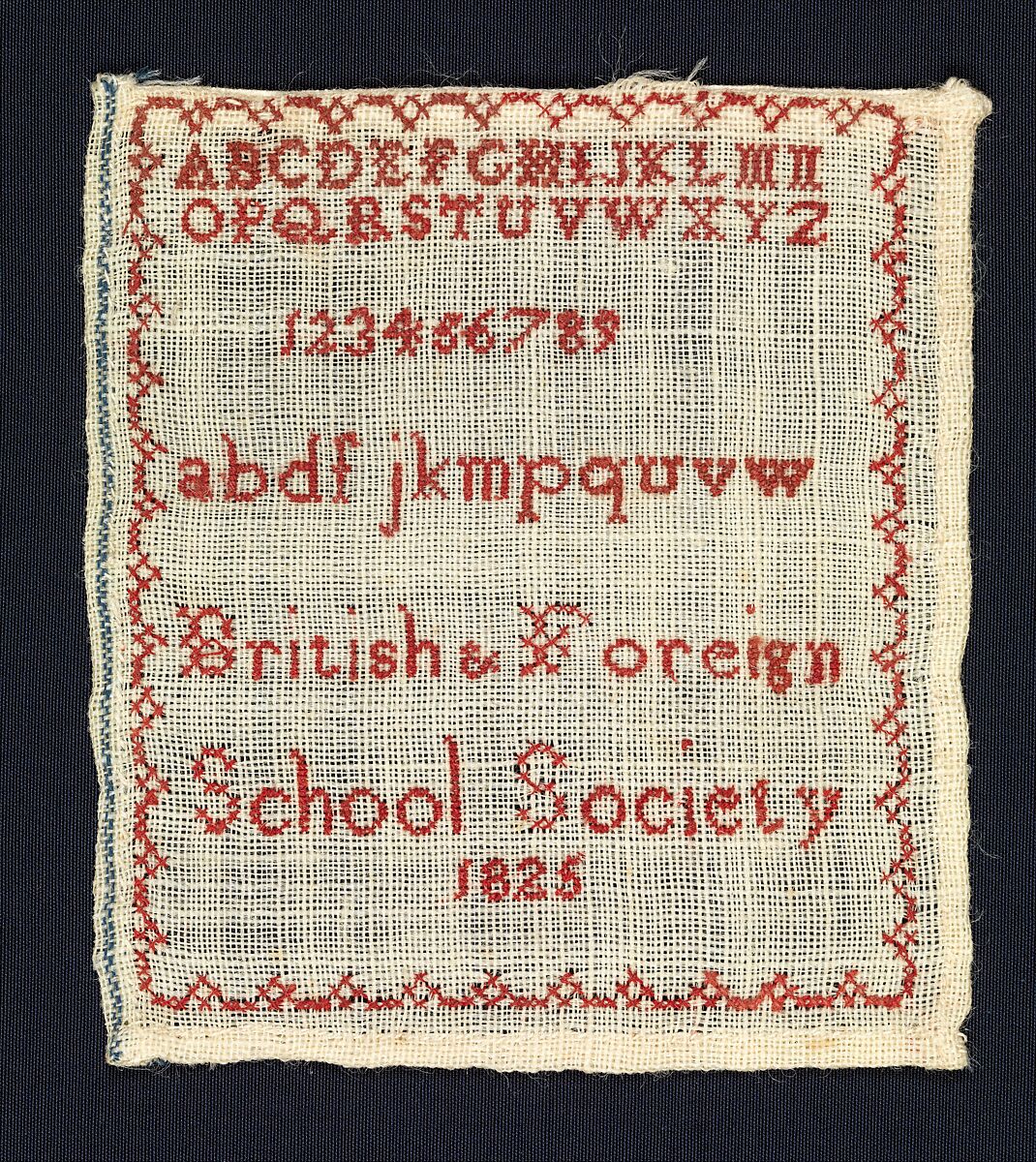 Sampler made at the British and Foreign School Society, Wool embroidery on cotton, British 
