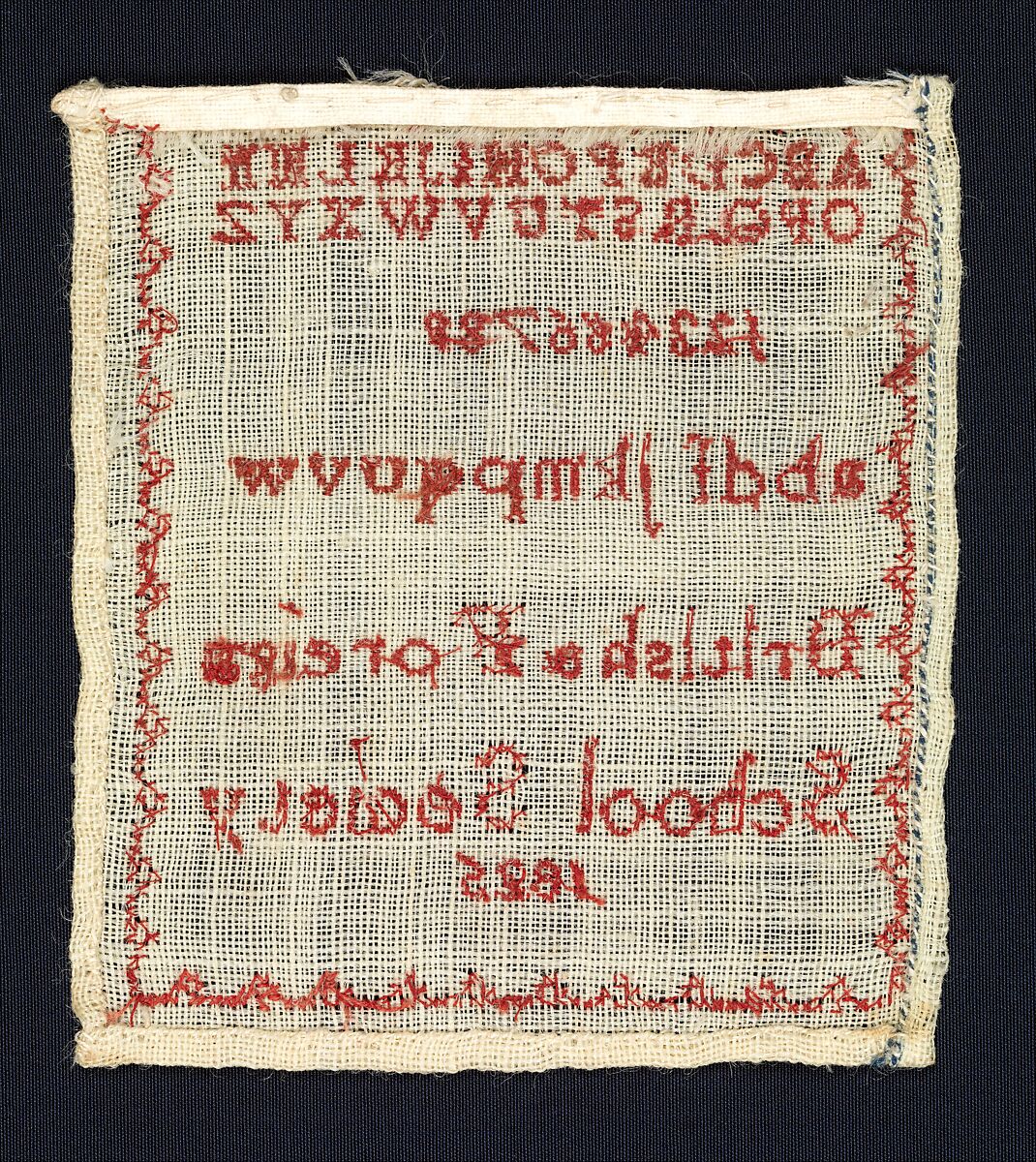 Sampler made at the British and Foreign School Society, Wool embroidery on cotton, British