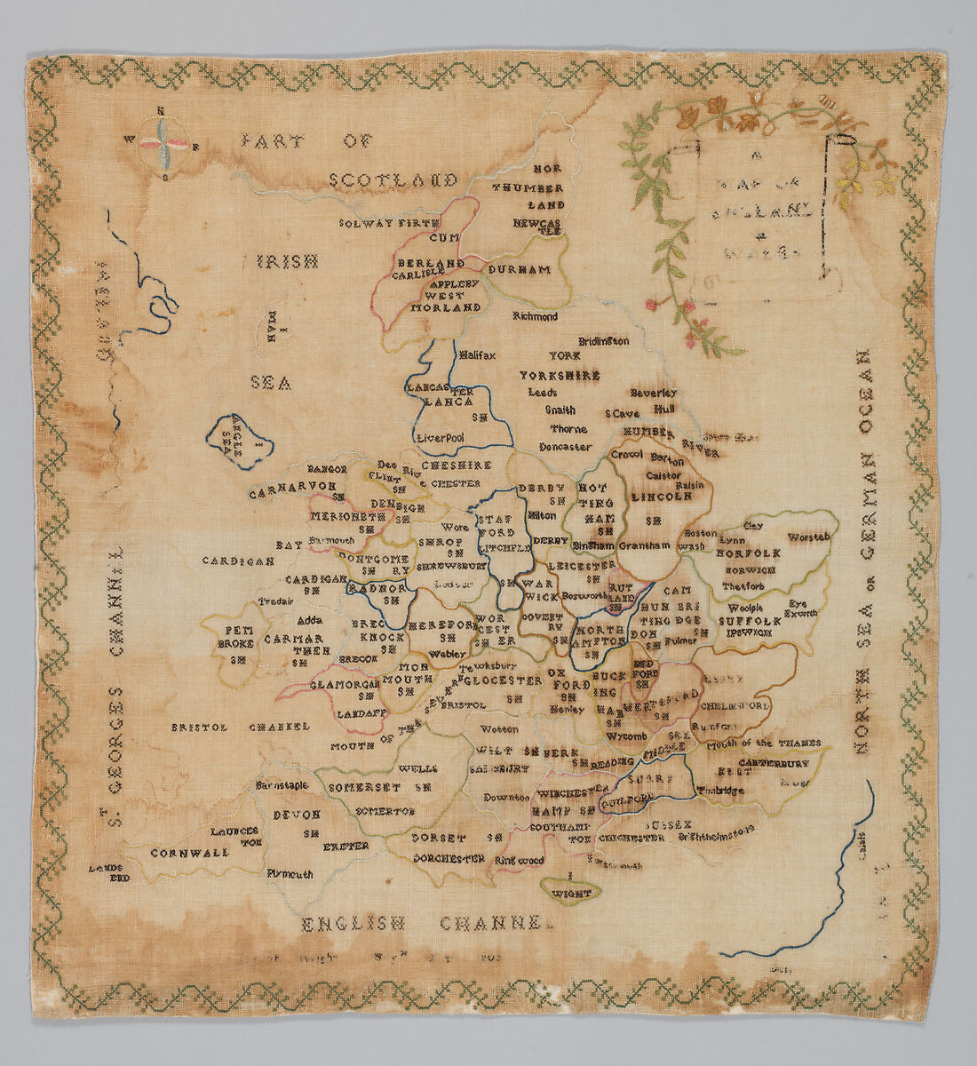 Embroidered map sampler, Cotton and silk on cotton canvas, British 