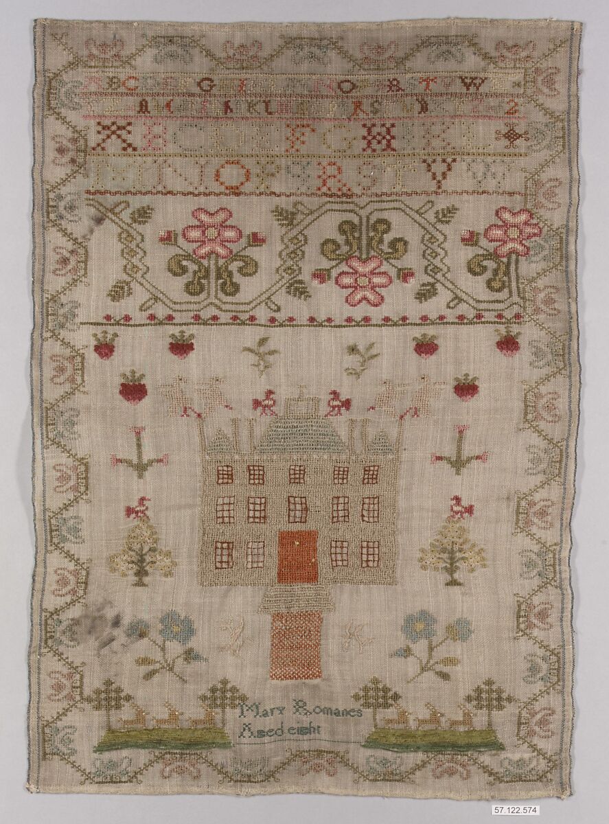 Sampler, Wool and silk on wool canvas, British 