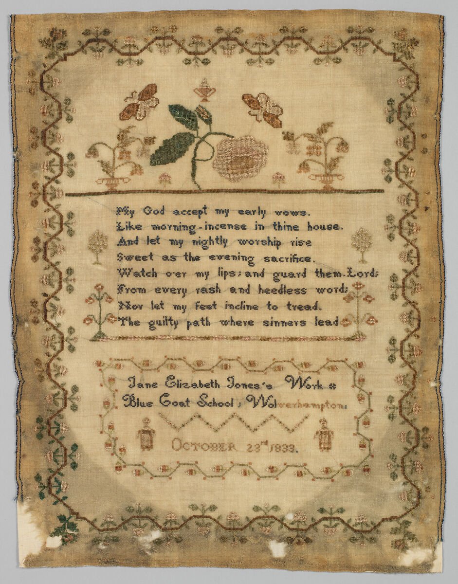 Sampler, Silk on wool canvas, British 