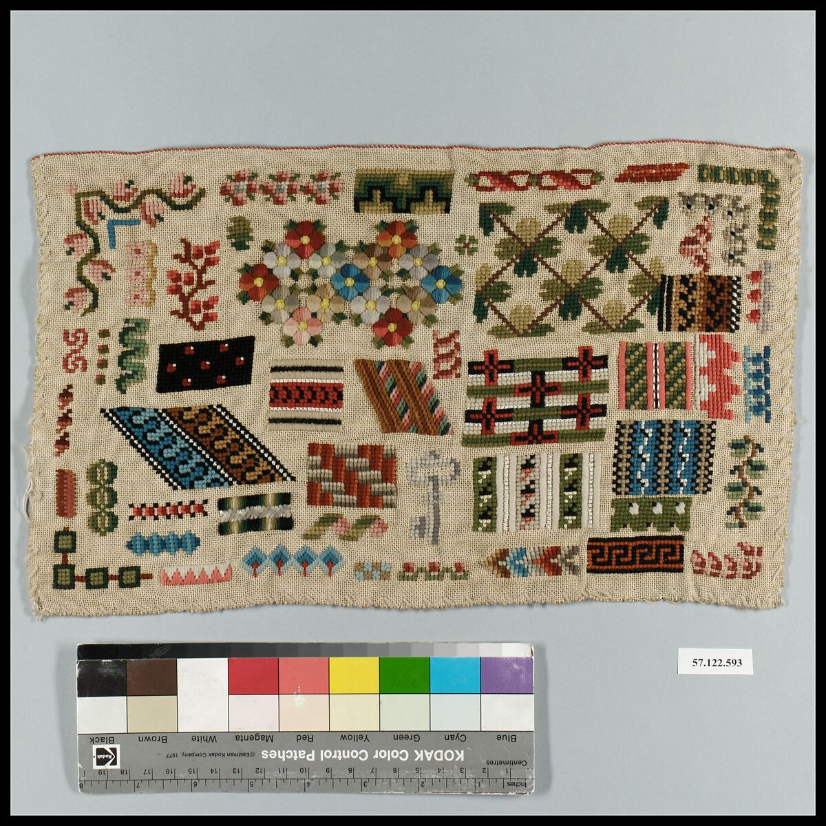 Sampler, Wool and silk on cotton canvas, probably Dutch 