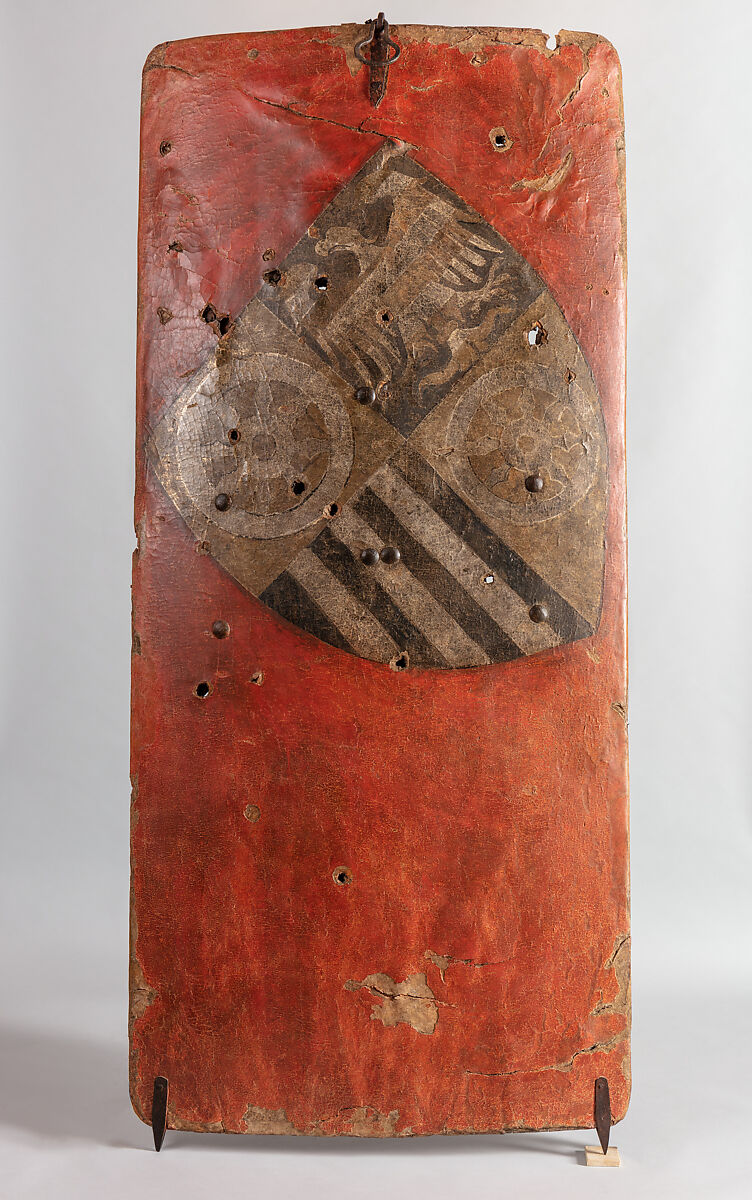 Standing Shield, Wood, leather, gesso, silver foil, gold lacquer, polychromy, iron, German, Erfurt 