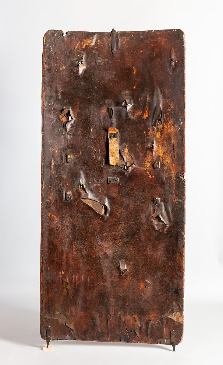 Standing Shield, Wood, leather, gesso, silver foil, gold lacquer, polychromy, iron, German, Erfurt