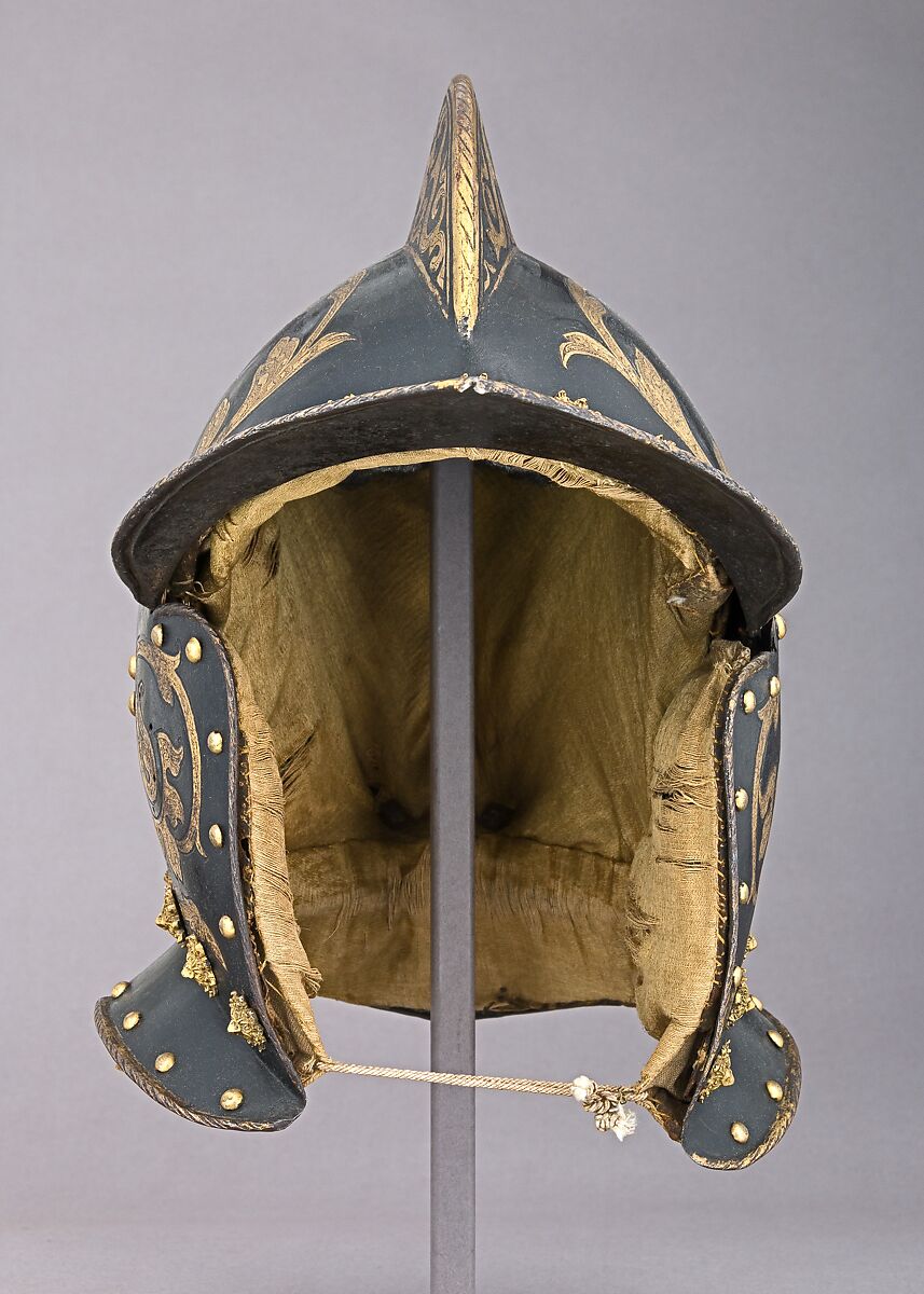 Burgonet, Steel, gold, pigment, brass, 
textile, German, Augsburg