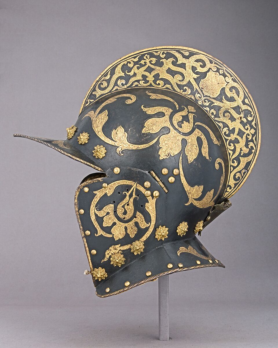 Burgonet, Steel, gold, pigment, brass, 
textile, German, Augsburg