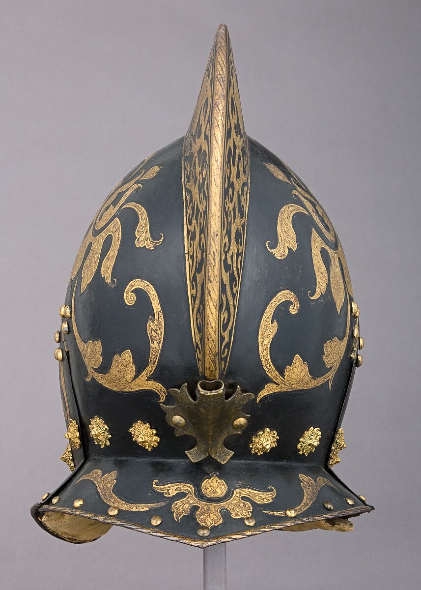 Burgonet, Steel, gold, pigment, brass, 
textile, German, Augsburg