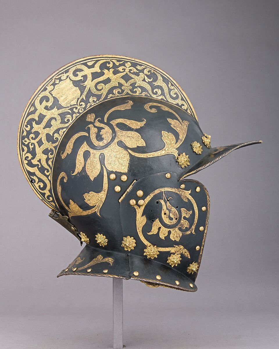 Burgonet, Steel, gold, pigment, brass, 
textile, German, Augsburg
