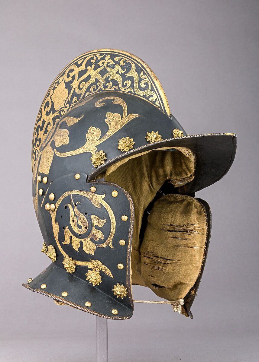 Burgonet, Steel, gold, pigment, brass, 
textile, German, Augsburg