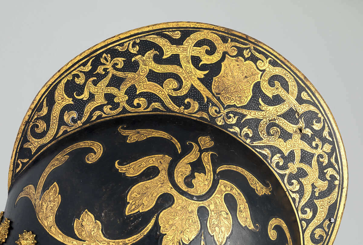 Burgonet, Steel, gold, pigment, brass, 
textile, German, Augsburg