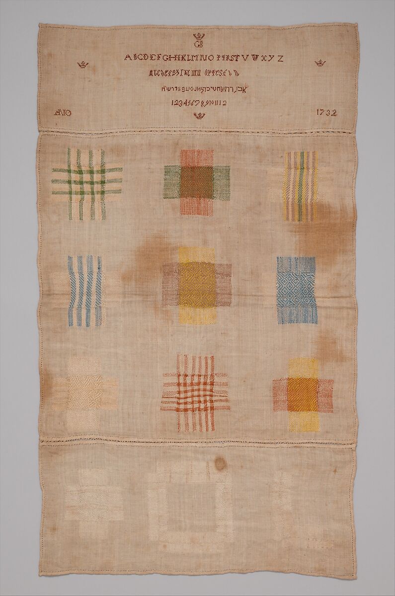Embroidered darning sampler, Silk and linen on linen, German 