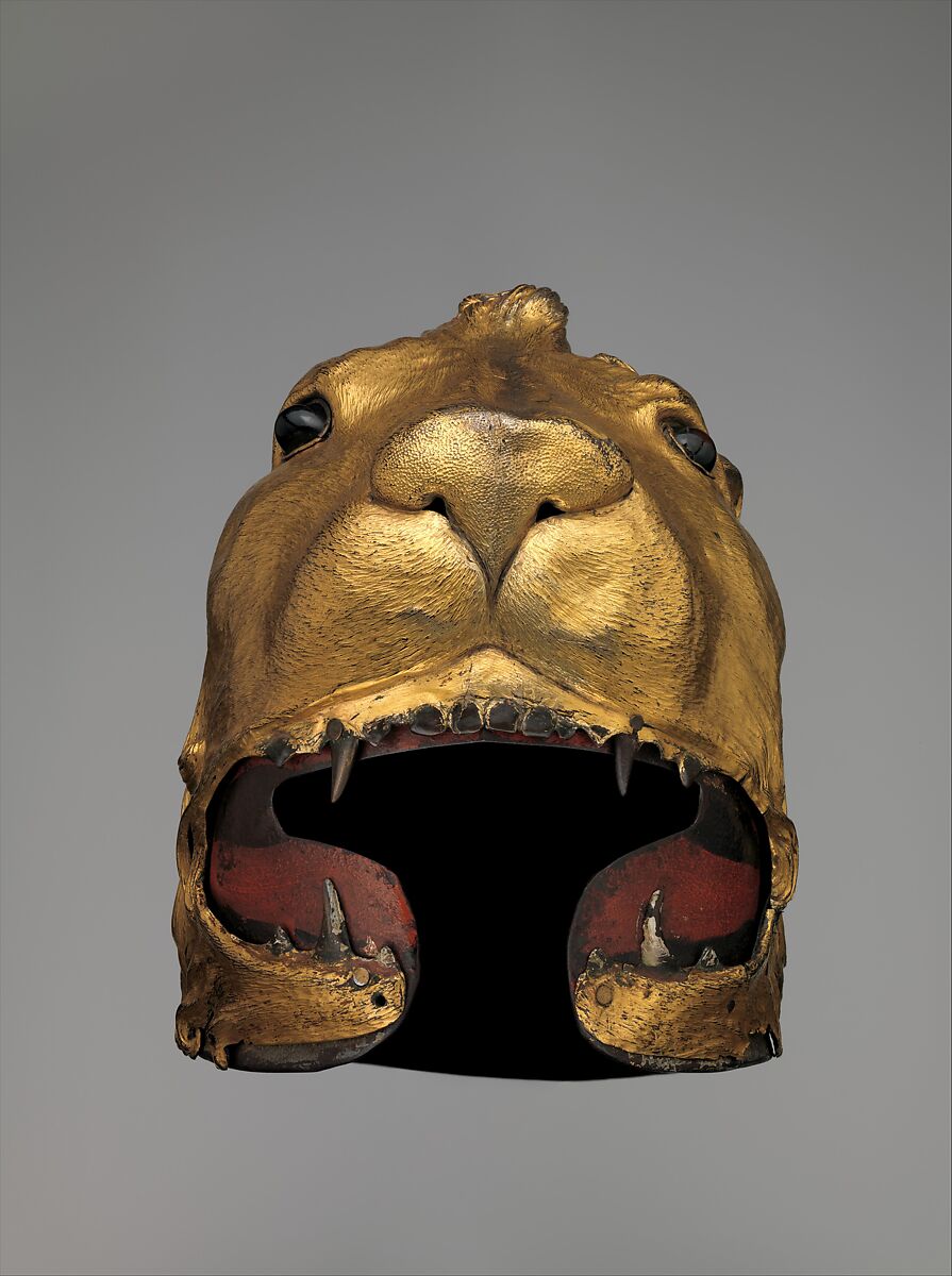 Sallet in the Shape of a Lion's Head, Steel, copper, gold, glass, pigment, textile, Italian
