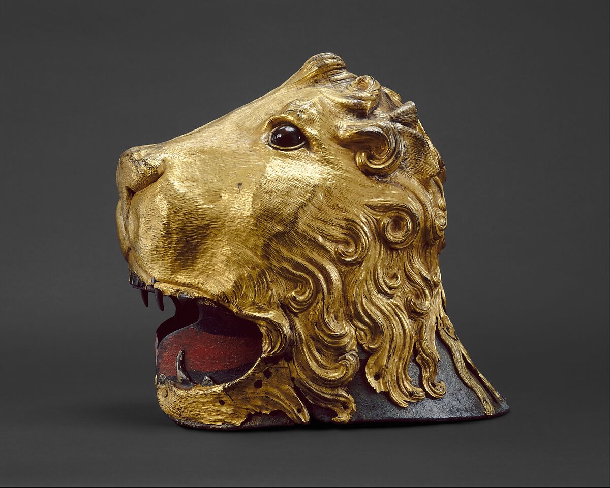 Sallet in the Shape of a Lion's Head, Steel, copper, gold, glass, pigment, textile, Italian