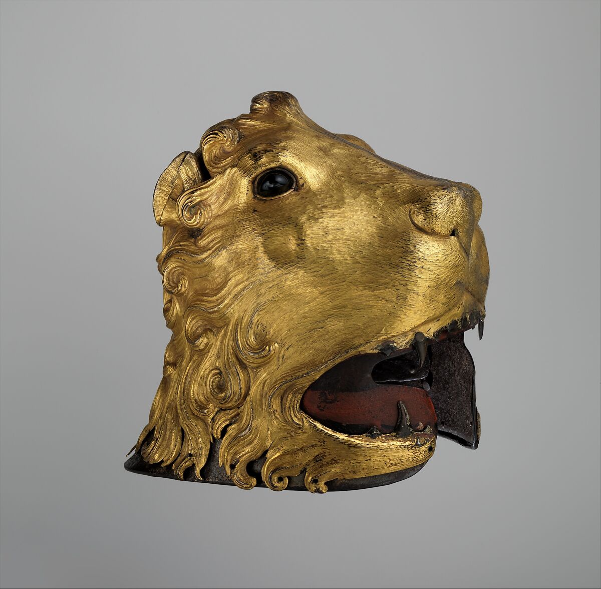 Sallet in the Shape of a Lion's Head, Steel, copper, gold, glass, pigment, textile, Italian 