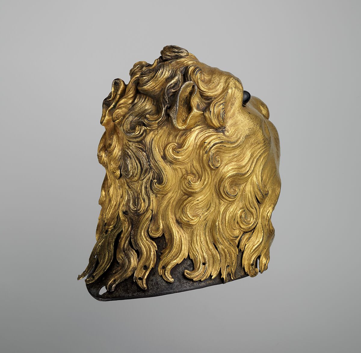 Sallet in the Shape of a Lion's Head, Steel, copper, gold, glass, pigment, textile, Italian