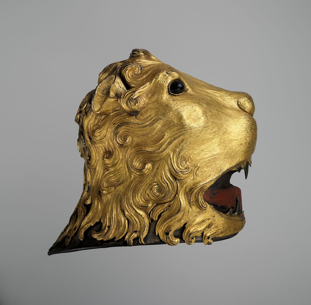 Sallet in the Shape of a Lion's Head, Steel, copper, gold, glass, pigment, textile, Italian