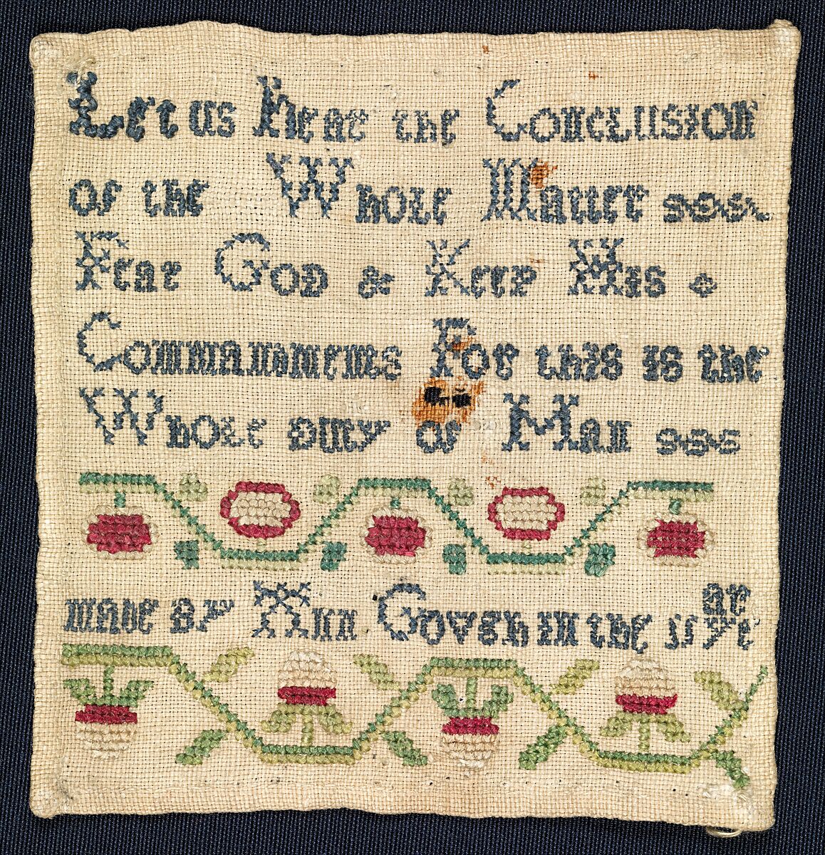 Sampler made at a charity school, Silk embroidery on linen, British 