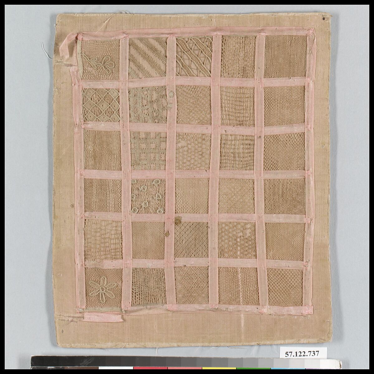 Sampler, Drawnwork, cutwork, needle lace, silk ribbon, German