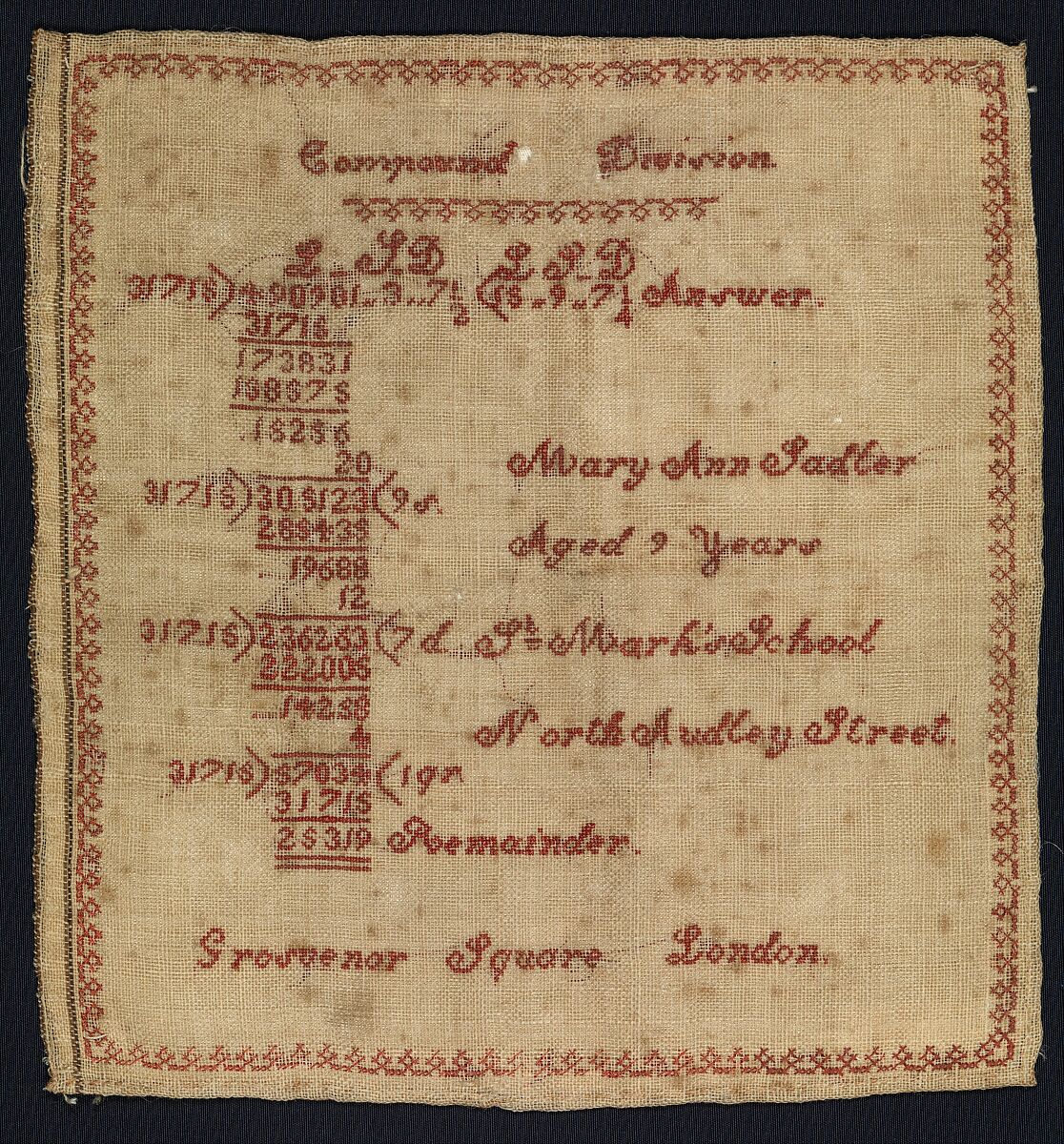 Sampler with compound division equation, Mary Ann Sadler, Silk embroidery on wool, British, London 