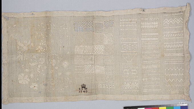 Sampler, Drawnwork, embroidered with flowers, rows of floral vines and geometric patterns, and a crown motive above the maker's initials, worked in cotton and silk, German, Saxony 