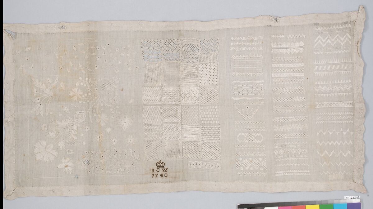 Sampler, Drawnwork, embroidered with flowers, rows of floral vines and geometric patterns, and a crown motive above the maker's initials, worked in cotton and silk, German, Saxony