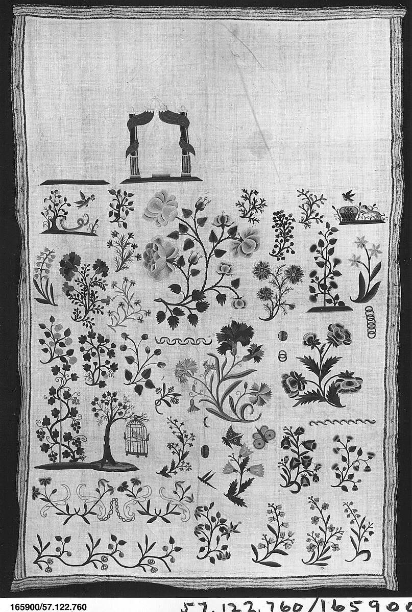 Sampler, Silk and metal thread on cotton, Austrian or German 