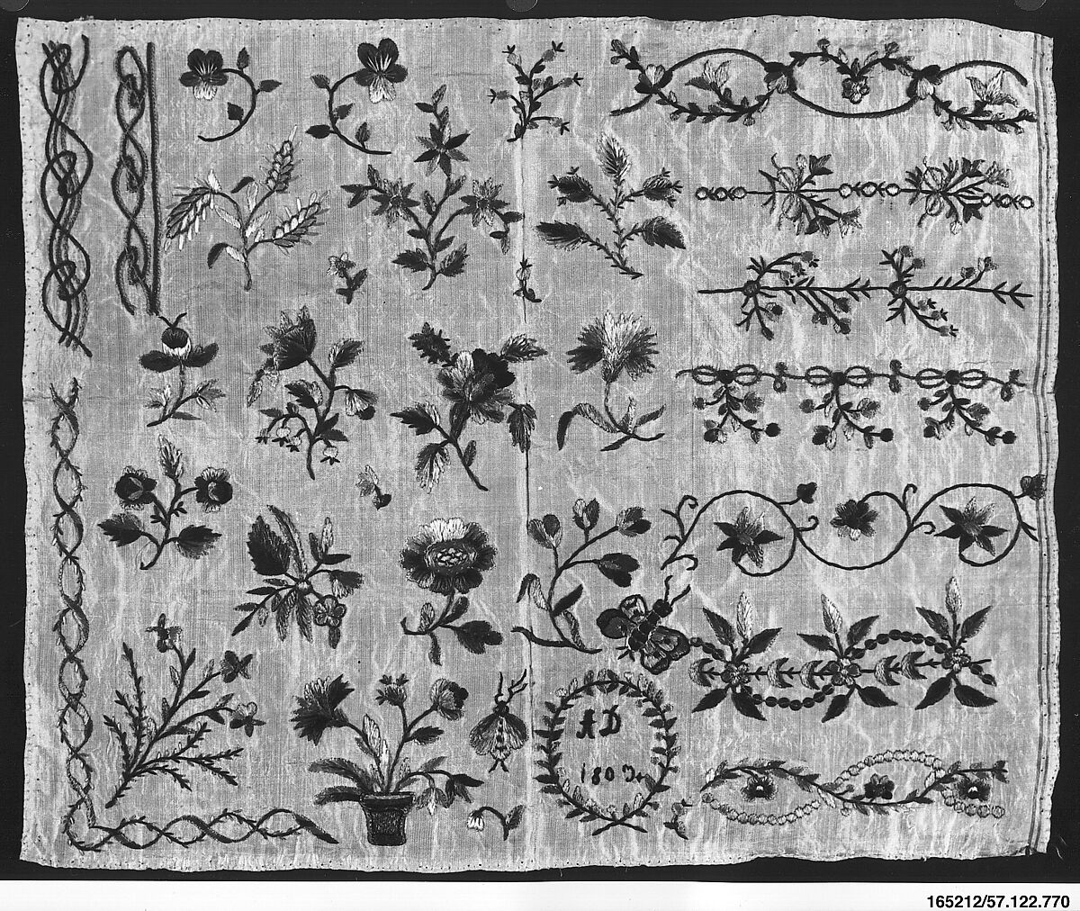 Sampler, Silk and metal thread on silk, Austrian or German 