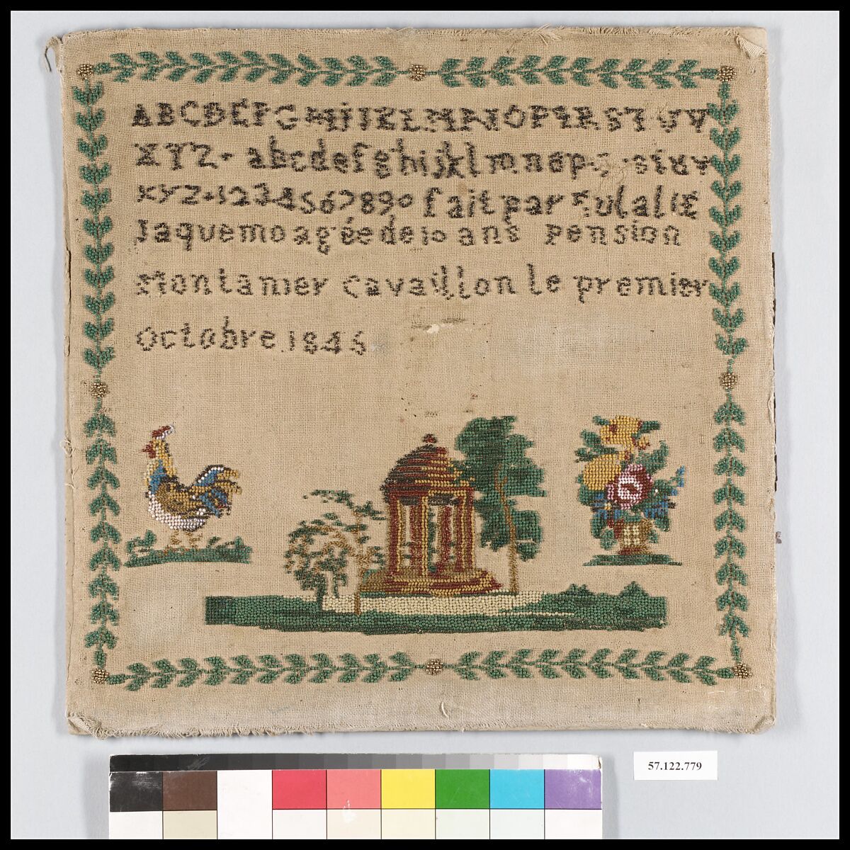 Sampler, Beads on cotton, French 