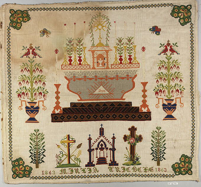 Sampler, Silk and wool on linen canvas, French 