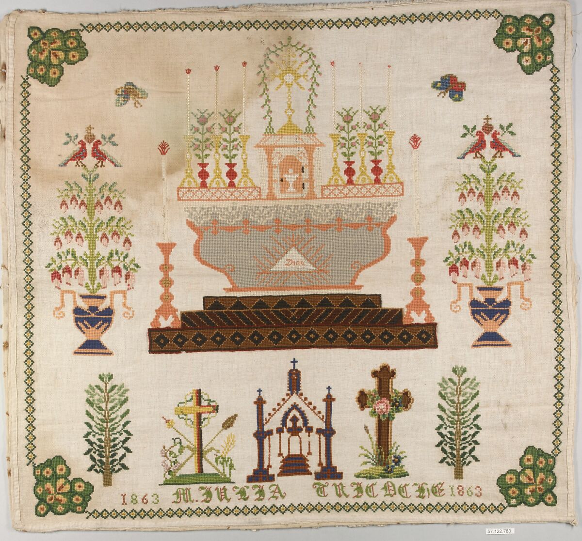 Sampler, Silk and wool on linen canvas, French