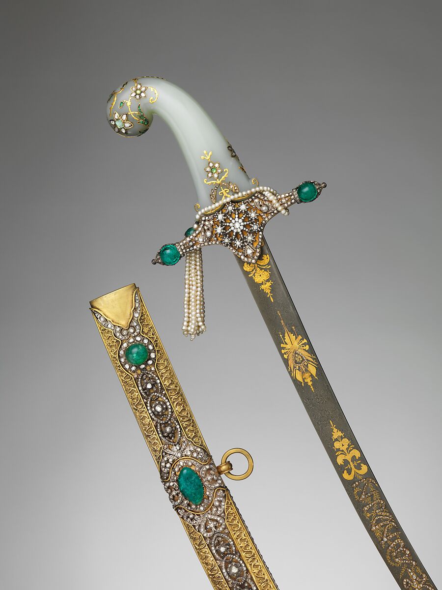 Saber with Scabbard, Steel, gold, silver, jade (nephrite), diamonds, emeralds, pearls, grip, Indian; guard, scabbard, and decoration on blade, Turkish; blade, Iranian 