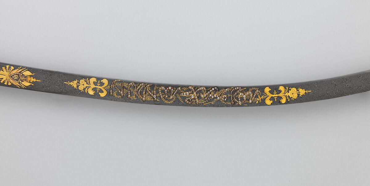 Saber with Scabbard, Steel, gold, silver, jade (nephrite), diamonds, emeralds, pearls, grip, Indian; guard, scabbard, and decoration on blade, Turkish; blade, Iranian