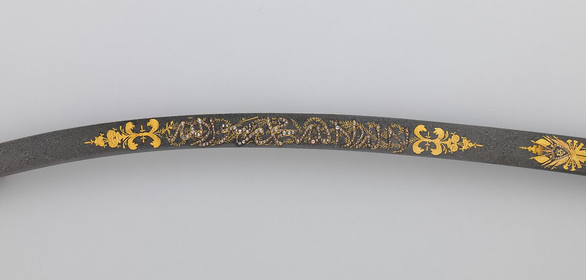 Saber with Scabbard, Steel, gold, silver, jade (nephrite), diamonds, emeralds, pearls, grip, Indian; guard, scabbard, and decoration on blade, Turkish; blade, Iranian