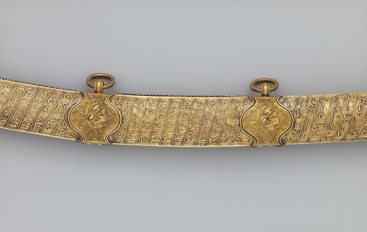 Saber with Scabbard, Steel, gold, silver, jade (nephrite), diamonds, emeralds, pearls, grip, Indian; guard, scabbard, and decoration on blade, Turkish; blade, Iranian