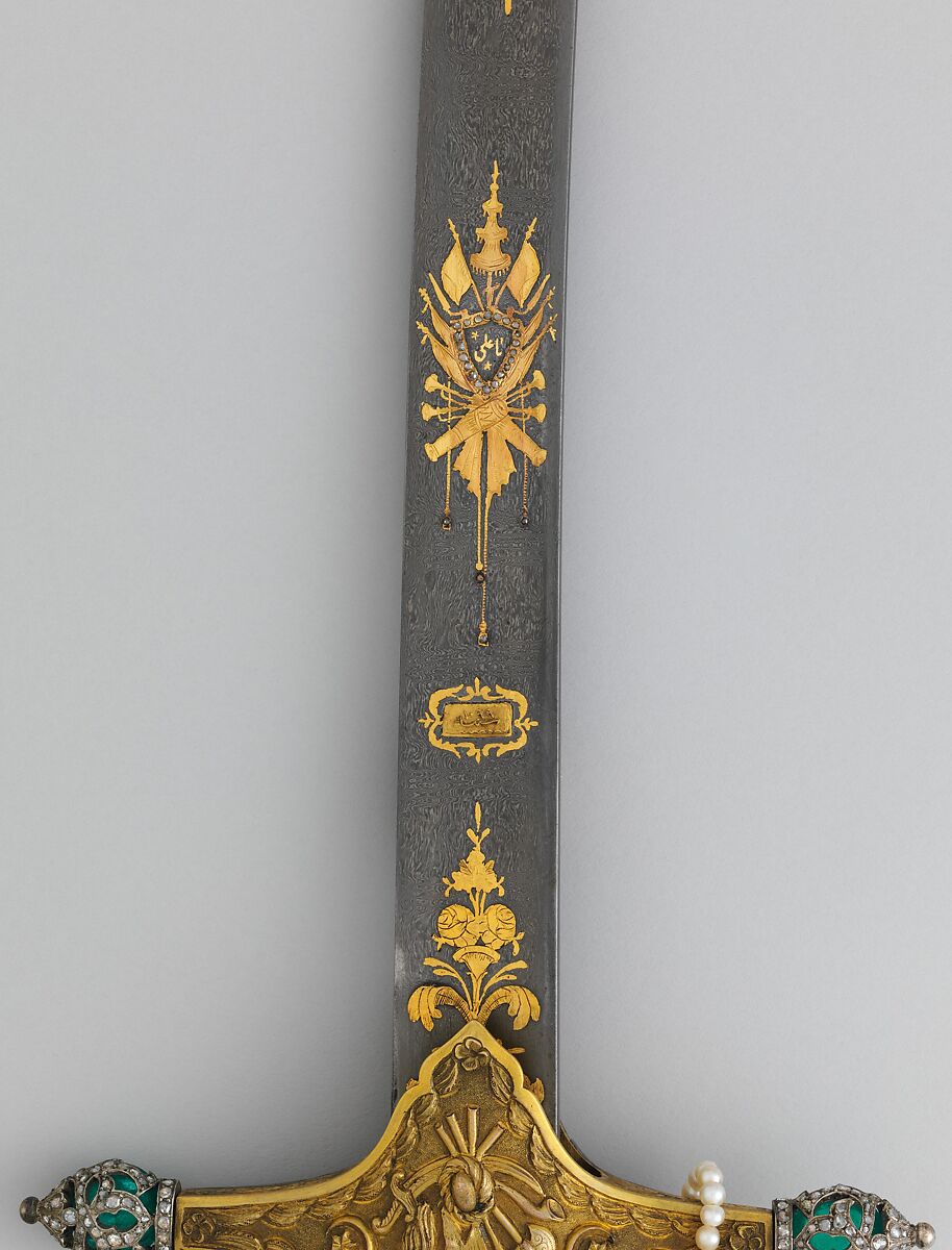 Saber with Scabbard, Steel, gold, silver, jade (nephrite), diamonds, emeralds, pearls, grip, Indian; guard, scabbard, and decoration on blade, Turkish; blade, Iranian