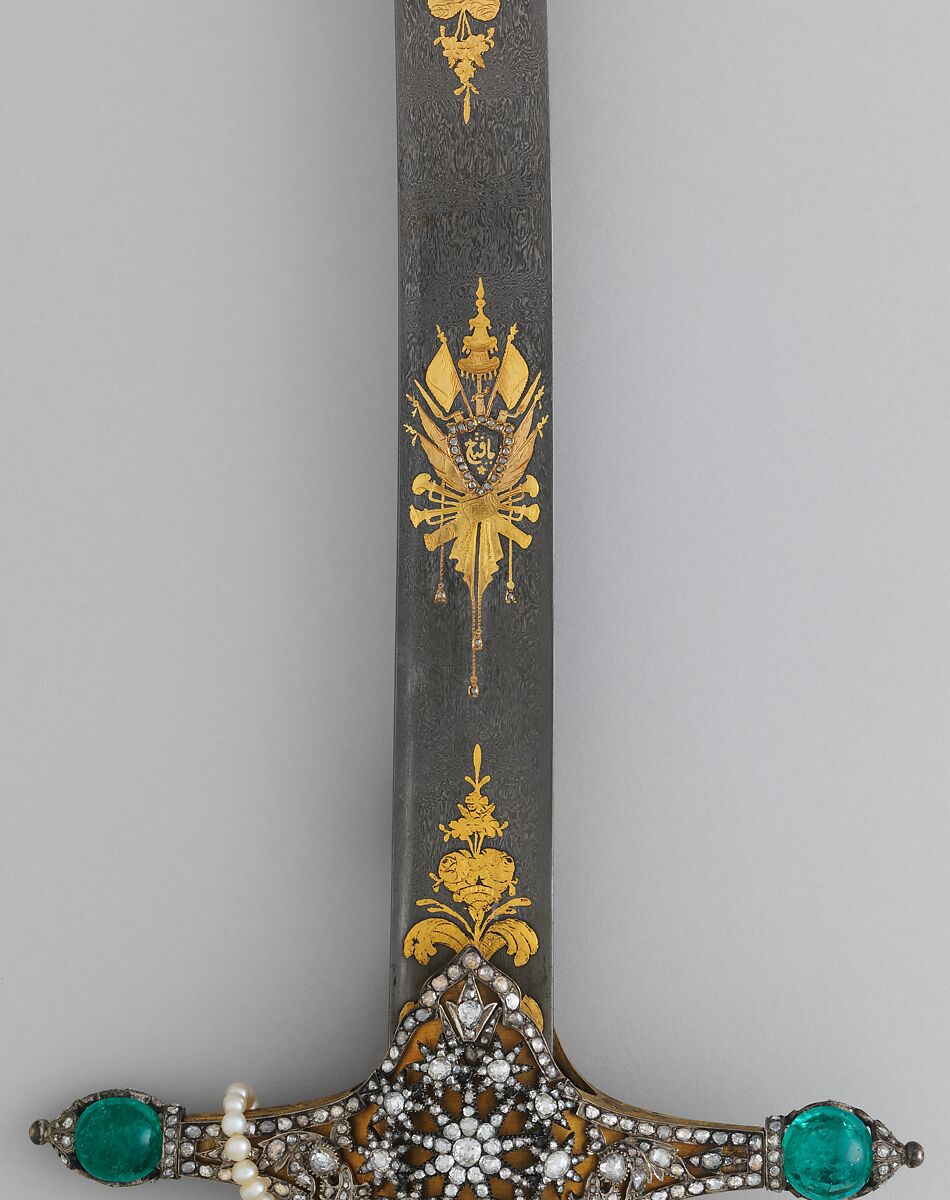 Saber with Scabbard, Steel, gold, silver, jade (nephrite), diamonds, emeralds, pearls, grip, Indian; guard, scabbard, and decoration on blade, Turkish; blade, Iranian