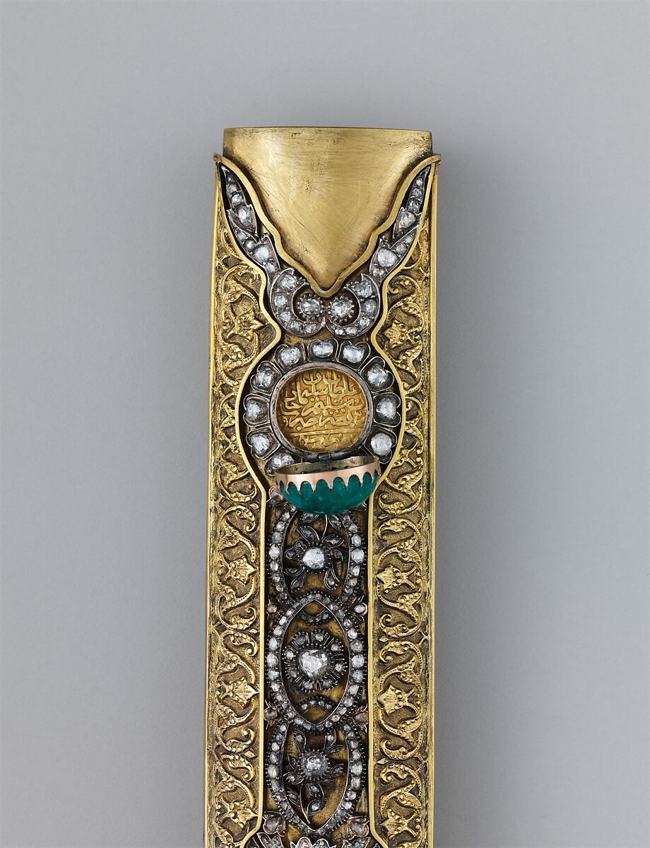 Saber with Scabbard, Steel, gold, silver, jade (nephrite), diamonds, emeralds, pearls, grip, Indian; guard, scabbard, and decoration on blade, Turkish; blade, Iranian