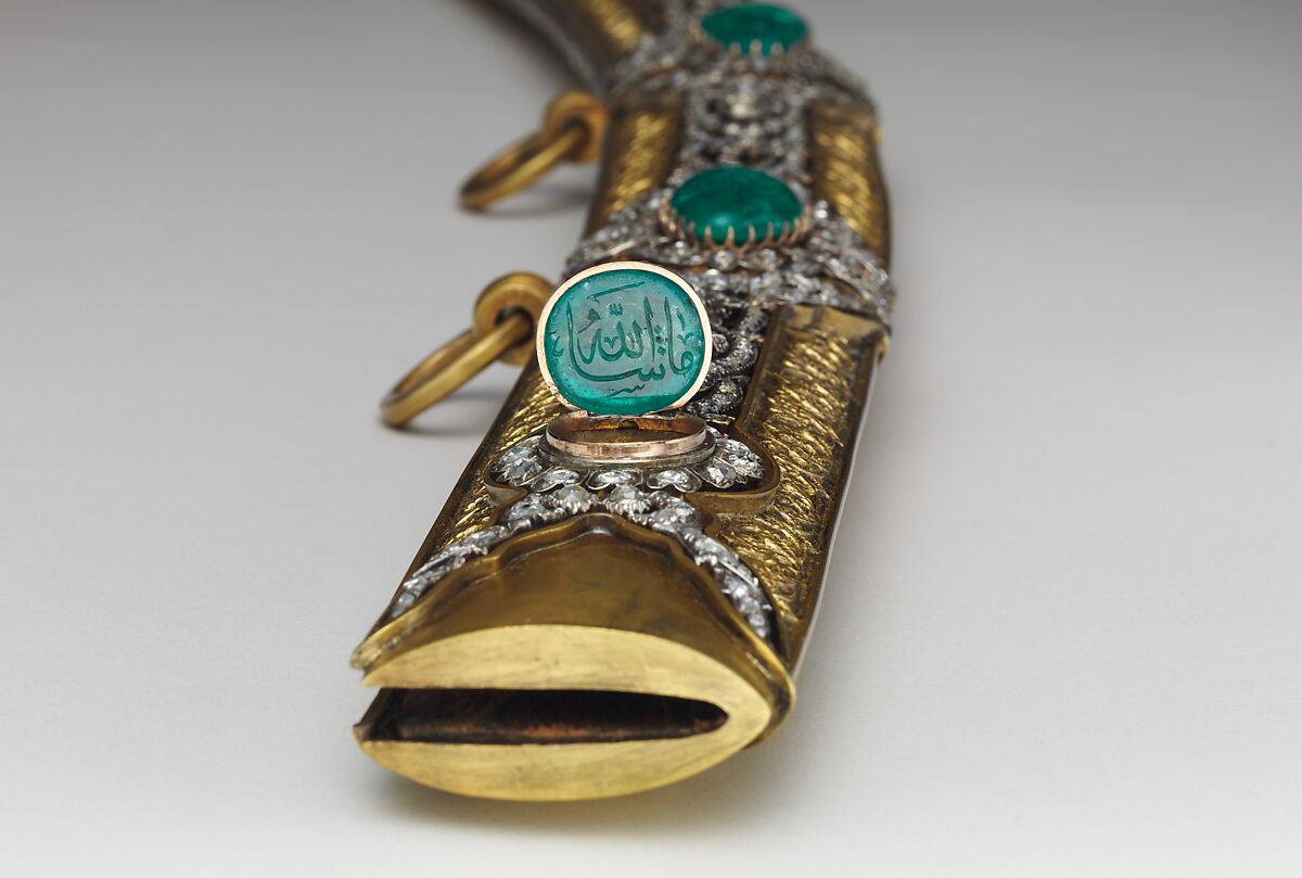 Saber with Scabbard, Steel, gold, silver, jade (nephrite), diamonds, emeralds, pearls, grip, Indian; guard, scabbard, and decoration on blade, Turkish; blade, Iranian