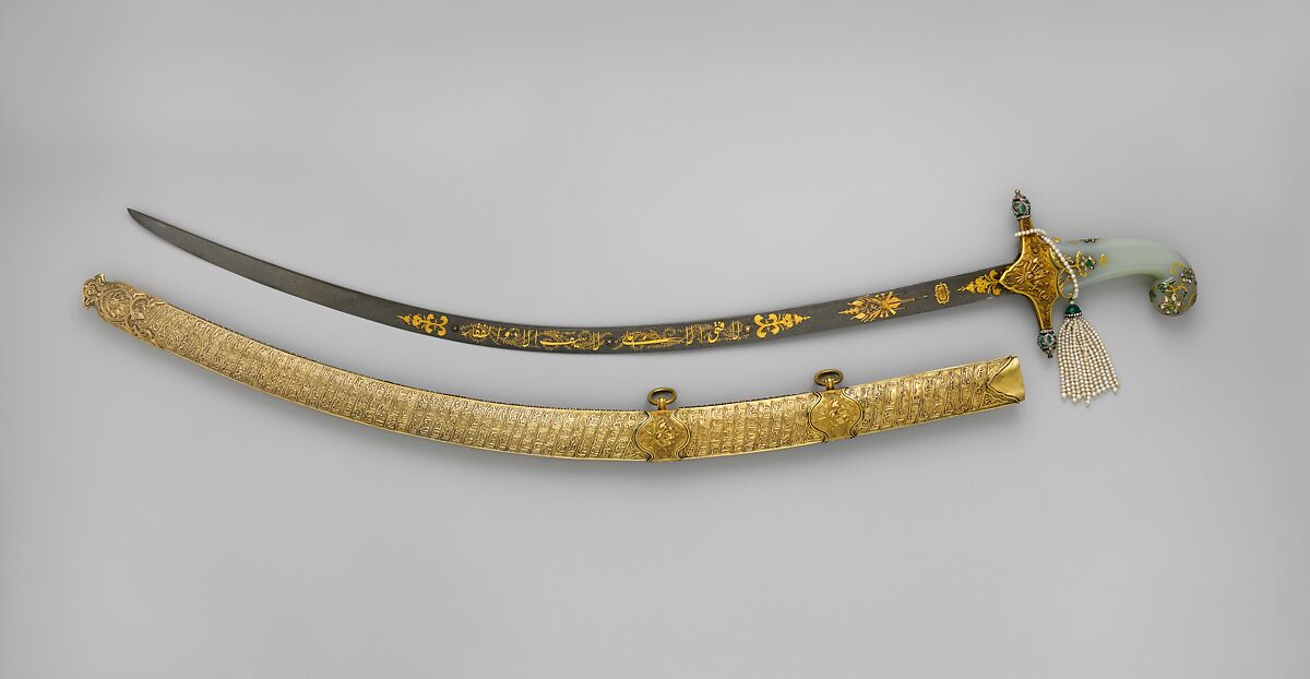 Saber with Scabbard, Steel, gold, silver, jade (nephrite), diamonds, emeralds, pearls, grip, Indian; guard, scabbard, and decoration on blade, Turkish; blade, Iranian