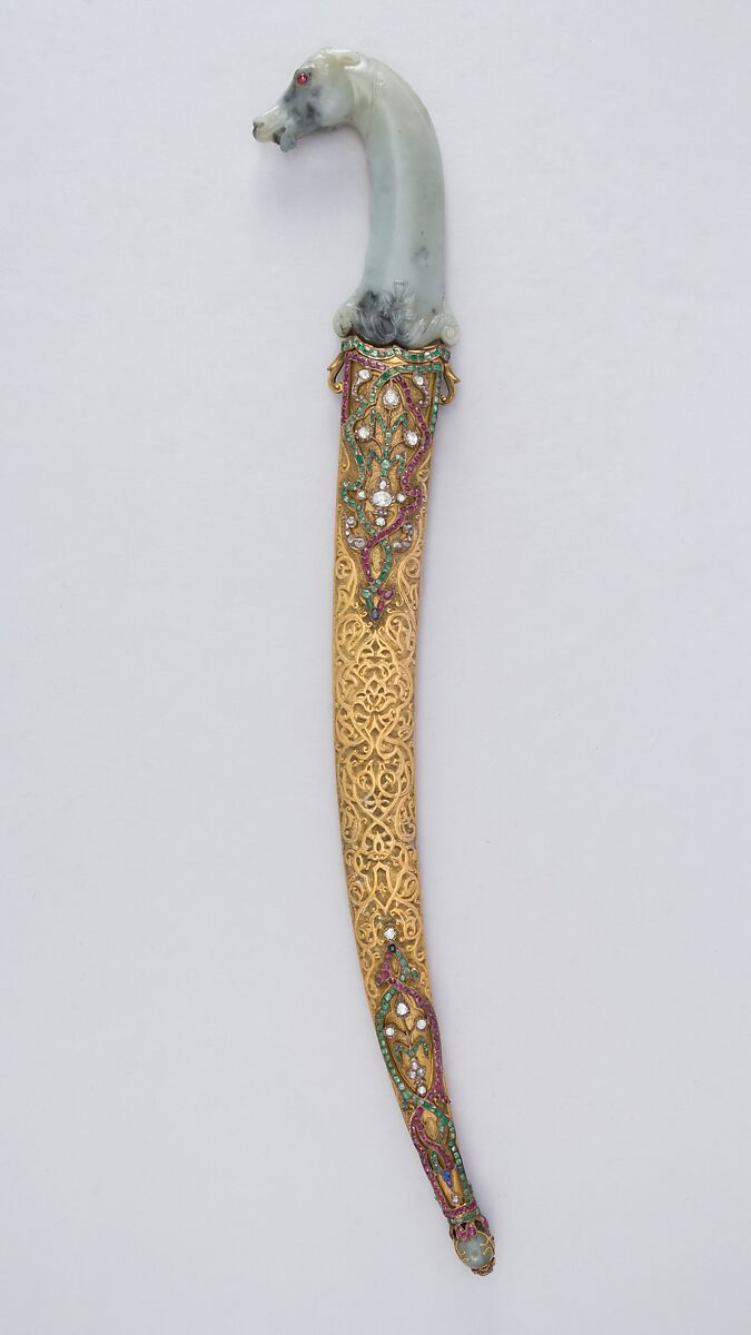 Dagger with Sheath, Steel, nephrite, gold, emerald, ruby, diamond, sapphire, jade, Hilt, Indian, Mughal; blade and sheath, Turkish, Ottoman