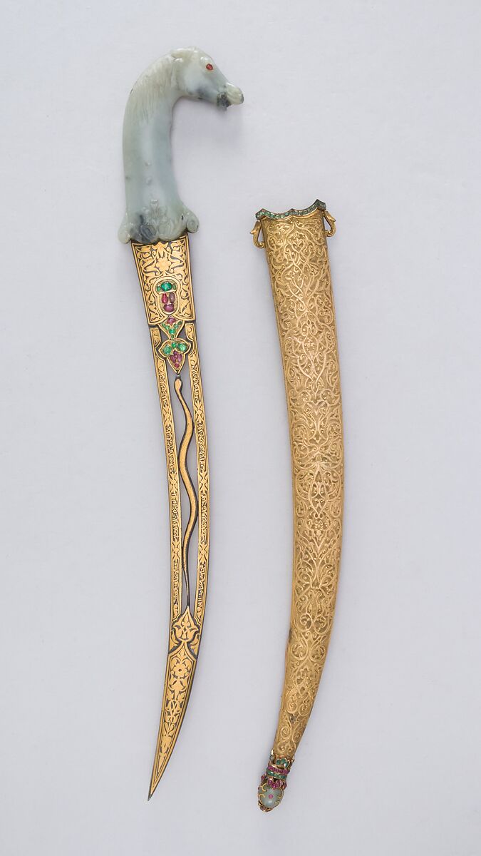 Dagger with Sheath, Steel, nephrite, gold, emerald, ruby, diamond, sapphire, jade, Hilt, Indian, Mughal; blade and sheath, Turkish, Ottoman