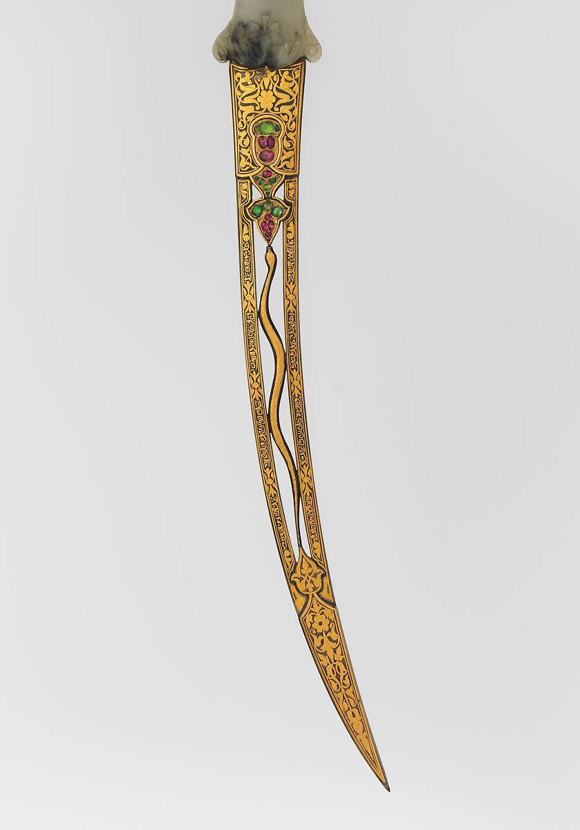 Dagger with Sheath, Steel, nephrite, gold, emerald, ruby, diamond, sapphire, jade, Hilt, Indian, Mughal; blade and sheath, Turkish, Ottoman
