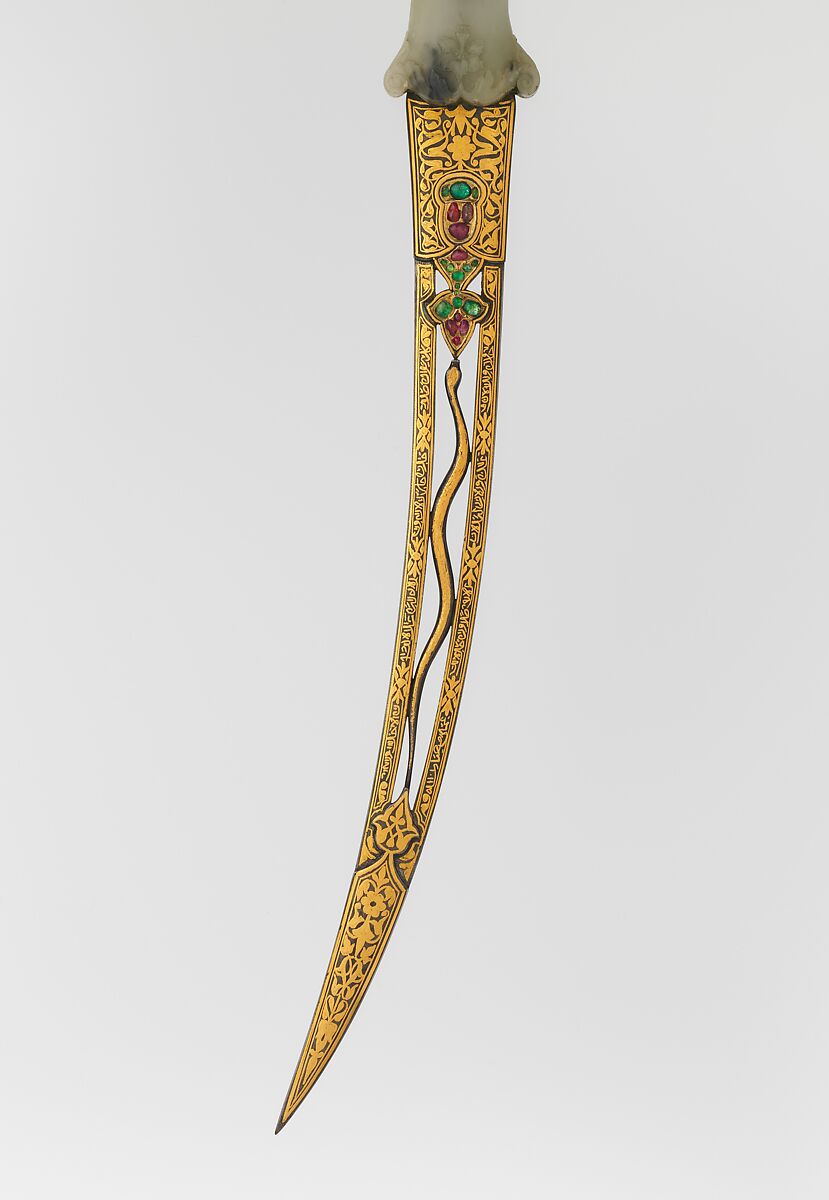 Dagger with Sheath, Steel, nephrite, gold, emerald, ruby, diamond, sapphire, jade, Hilt, Indian, Mughal; blade and sheath, Turkish, Ottoman