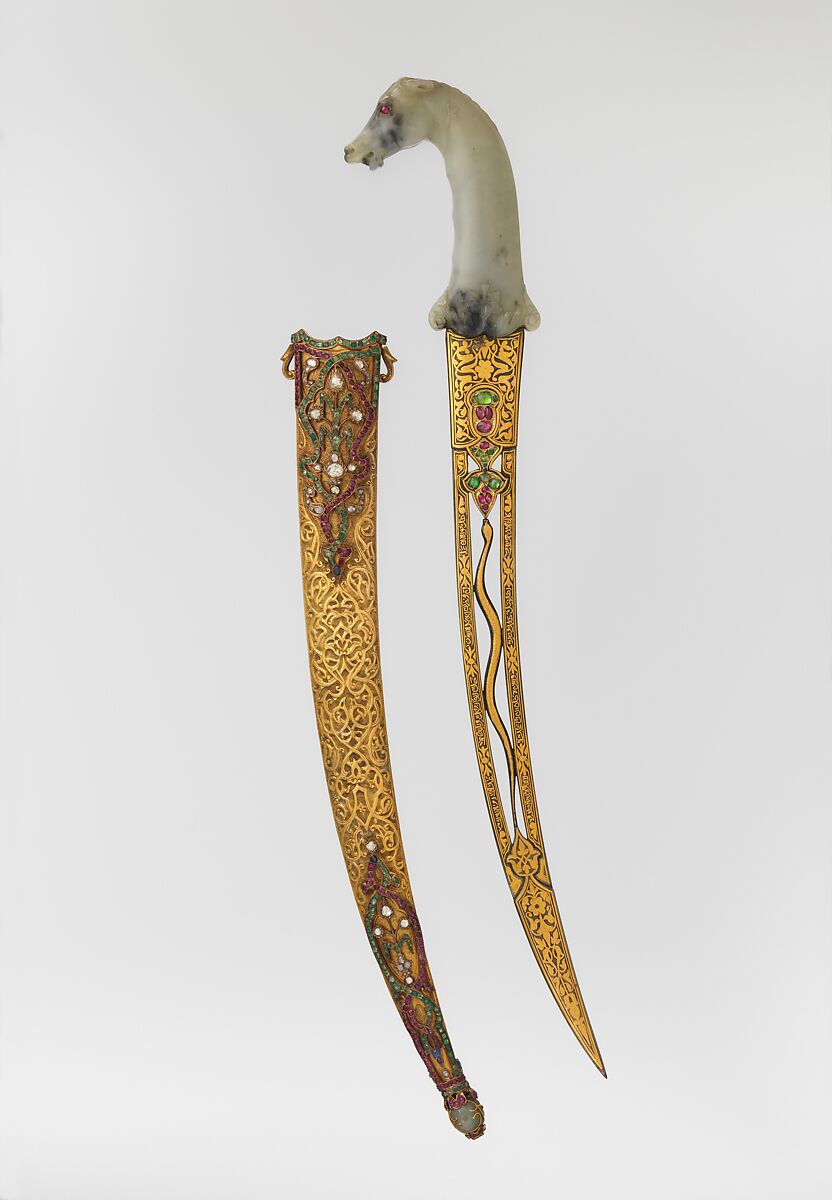 Dagger with Sheath, Steel, nephrite, gold, emerald, ruby, diamond, sapphire, jade, Hilt, Indian, Mughal; blade and sheath, Turkish, Ottoman 