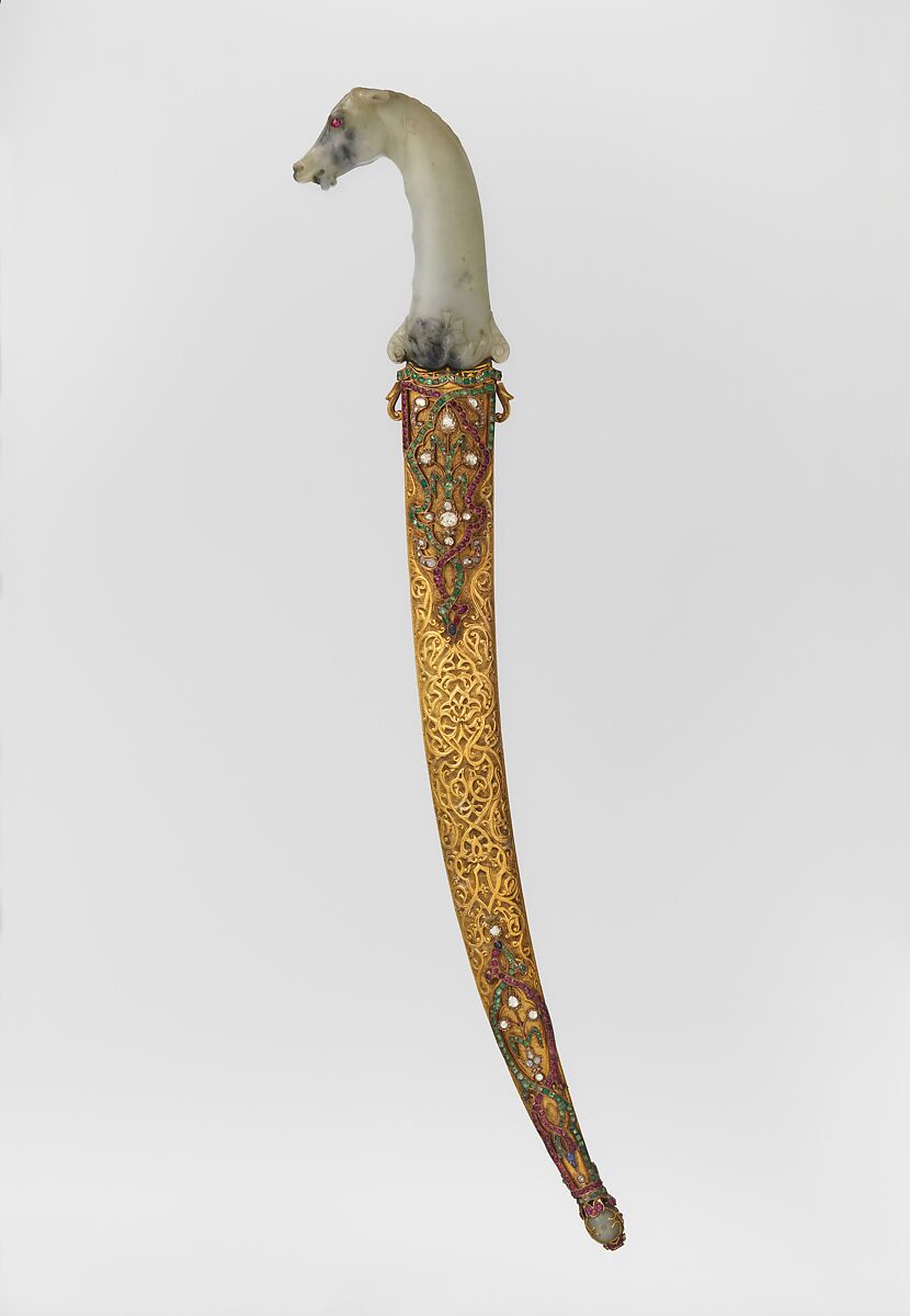 Dagger with Sheath, Steel, nephrite, gold, emerald, ruby, diamond, sapphire, jade, Hilt, Indian, Mughal; blade and sheath, Turkish, Ottoman
