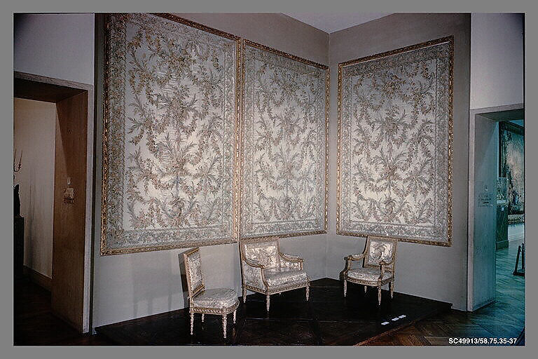 Wall hangings (3), After a design by Philippe de Lasalle (French, 1723–1804), Silk on satin, French