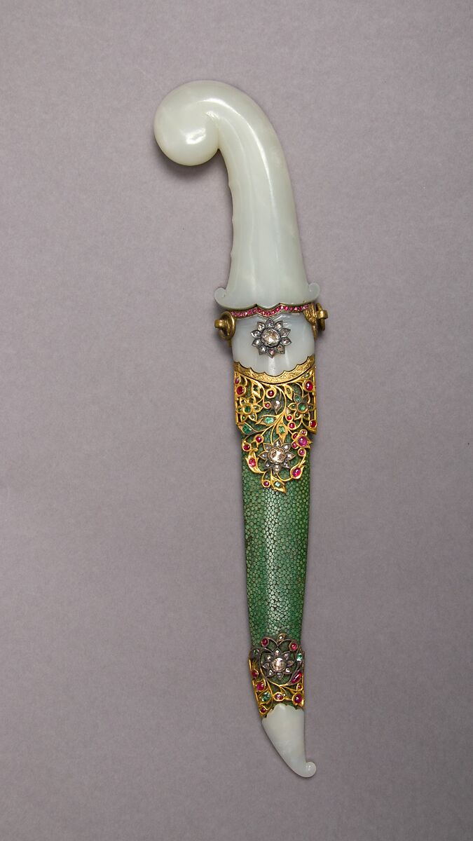 Dagger with Sheath, Steel, nephrite, gold, silver, copper alloy emeralds, rubies, diamonds, ray skin, Indian