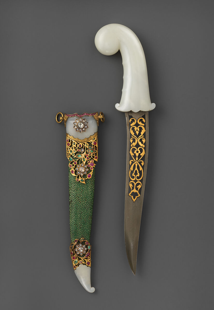 Dagger with Sheath, Steel, nephrite, gold, emeralds, rubies, diamonds, ray skin, Indian 