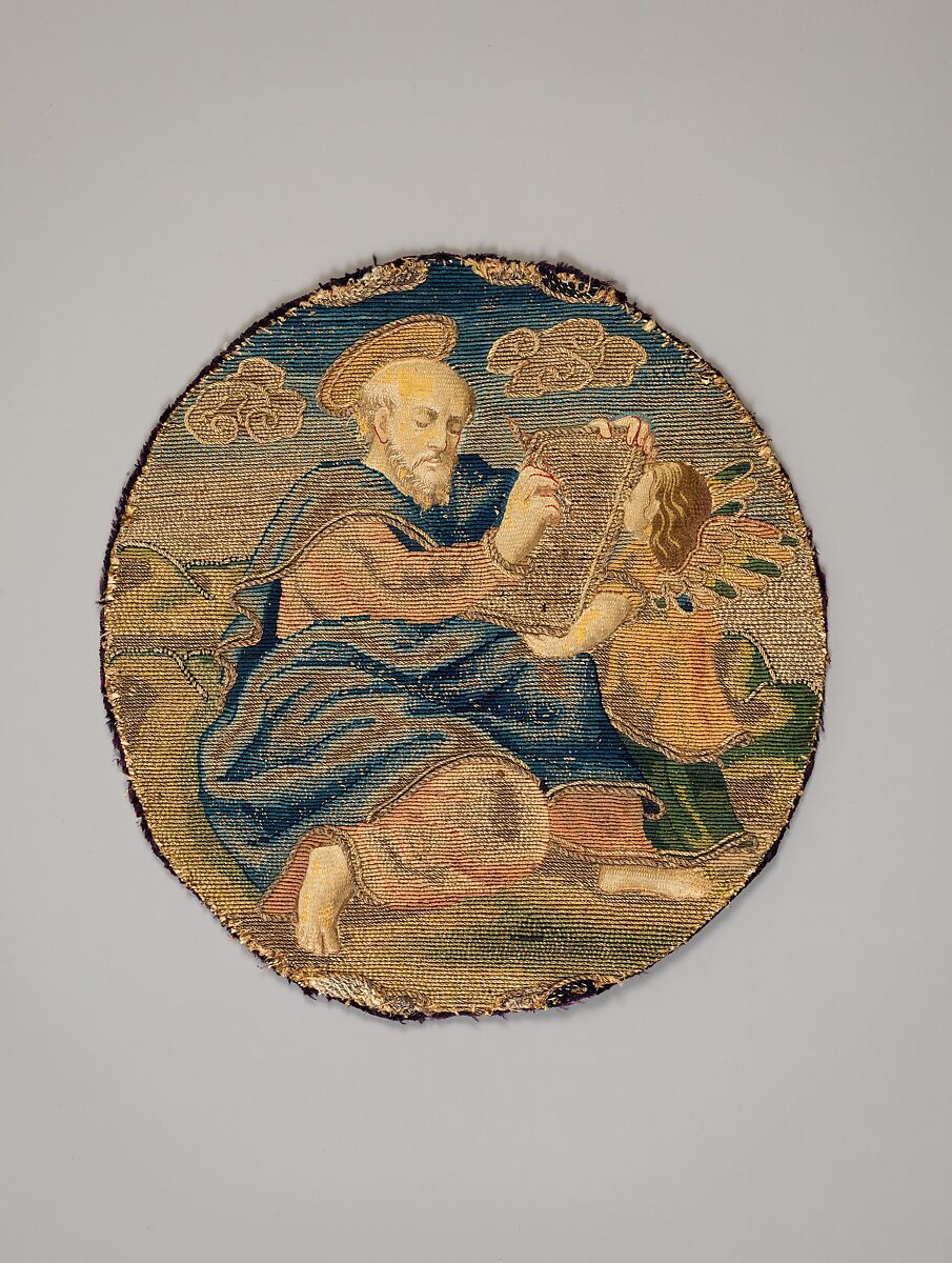 Saint Matthew (one of four), Silk and metal-wrapped thread on canvas, Italian or Spanish 