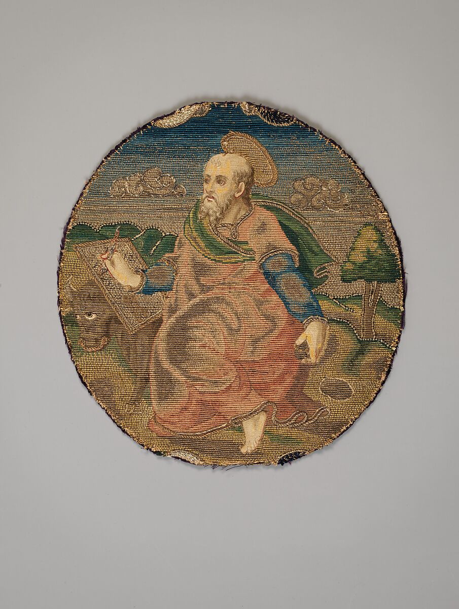 Saint Luke (one of four), Silk and metal thread on canvas, Italian or Spanish 